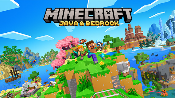 Steve and Alex leave a cave into a forest with various animals and monsters below text reading: Minecraft Java & Bedrock